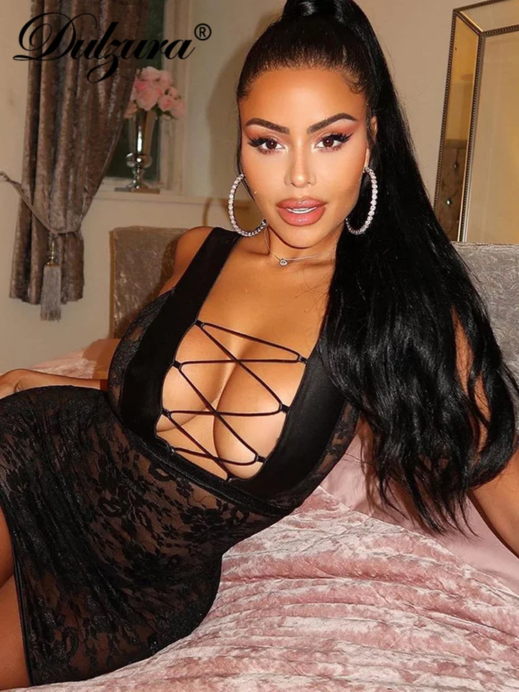 Dulzura Deep V Neck Cross Women Lace Mini Dress Backless Bodycon See Through Sexy Streetwear Party Club Festival 2022 Summer
Dulzura Deep V Neck Cross Women Lace Mini Dress Backless Bodycon See Through Sexy Streetwear Party Club Festival 2022 Summer