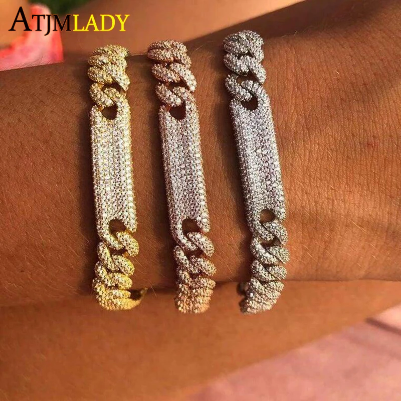 

New Arrived 17CM Iced Out Bling Micro Pave White CZ Bar Charm Curb Miami Cuban Link Chain Bracelet Rock Hip Hop Women Jewelry