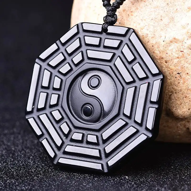 

Natural Black Obsidian Stone Pendant Carved Gossip Eight Diagram Pendant Necklace Gift for Men Jades Jewelry Free Chain