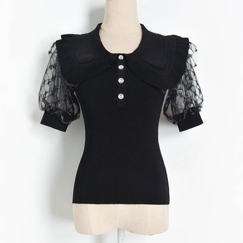 2020 summer women mesh lantern sleeve patchwork sweaters Korean cute peter pan collar knitted short tops black white JC378 
2020 summer women mesh lantern sleeve patchwork sweaters Korean cute peter pan collar knitted short tops black white JC378
