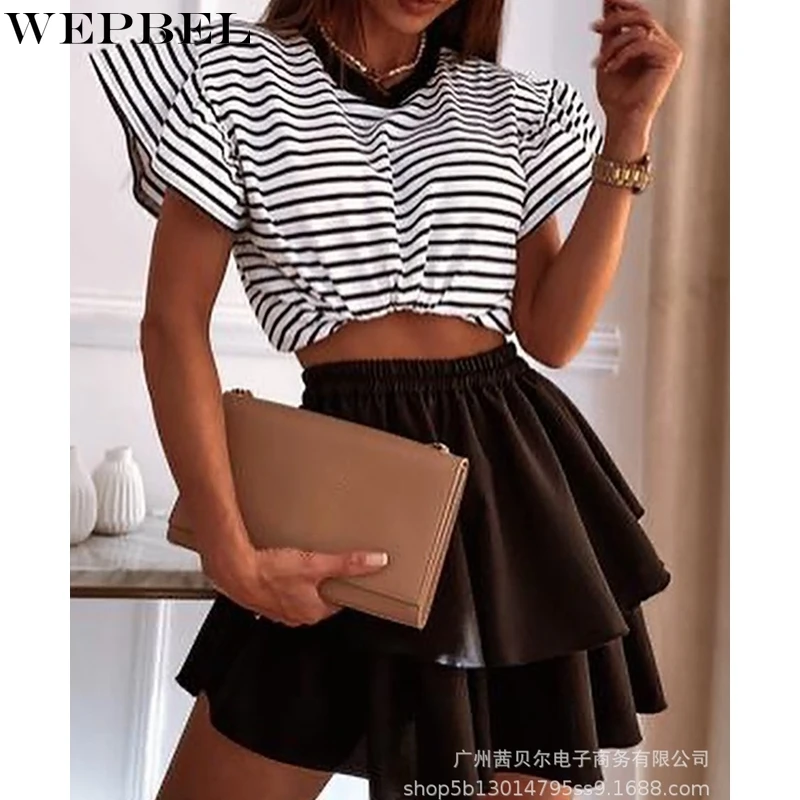 WEPBEL Women's Casual Slim Fit Striped Suit Summer High Waist Pleated Stitching Skirt + O-Neck Ruffle Sleeve T-shirt Suit
WEPBEL Women's Casual Slim Fit Striped Suit Summer High Waist Pleated Stitching Skirt + O-Neck Ruffle Sleeve T-shirt Suit