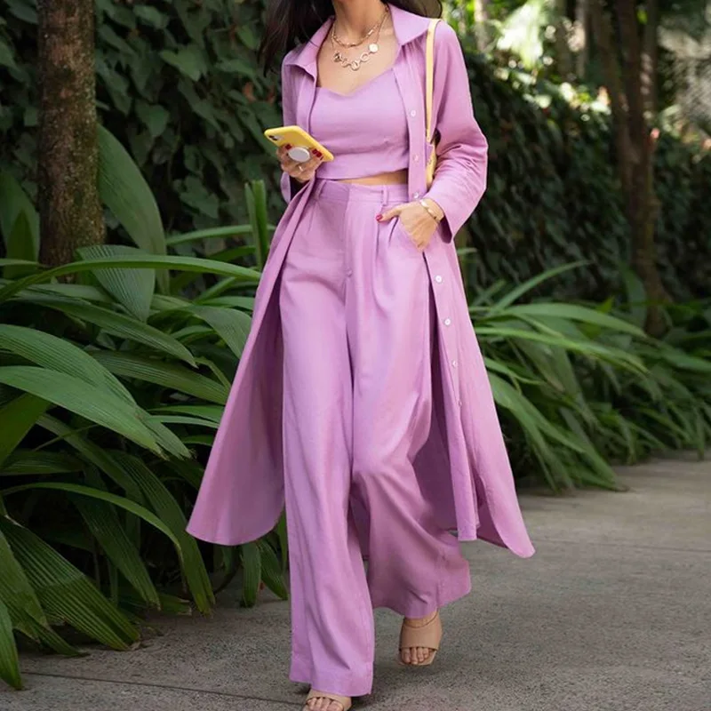 

2021 Autumn New Arrival Women Set Three Piece Singble Breasted Long Trench + Wide Leg Pant+sleeveless Vest Suit Casual Outfits