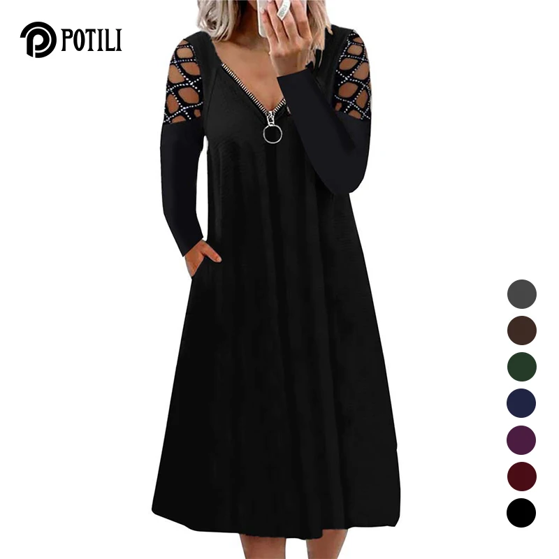 POTILI Sexy V-neck Dress Hollow Out Autumn Winter A Line Women Dresses Fashion Solid Diamond Fashion Clothing Party Vestidos
POTILI Sexy V-neck Dress Hollow Out Autumn Winter A Line Women Dresses Fashion Solid Diamond Fashion Clothing Party Vestidos