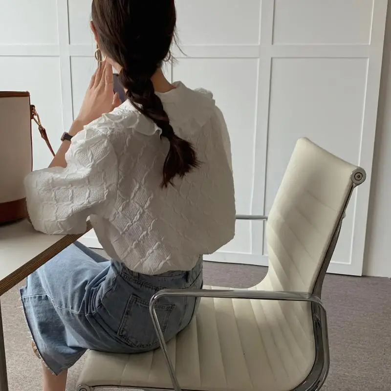 COIGARSAM French Style Loose Shirt Womens tops Summer Puff Sleeve Turn-down Collar Women shirts White Blue 9716
COIGARSAM French Style Loose Shirt Womens tops Summer Puff Sleeve Turn-down Collar Women shirts White Blue 9716