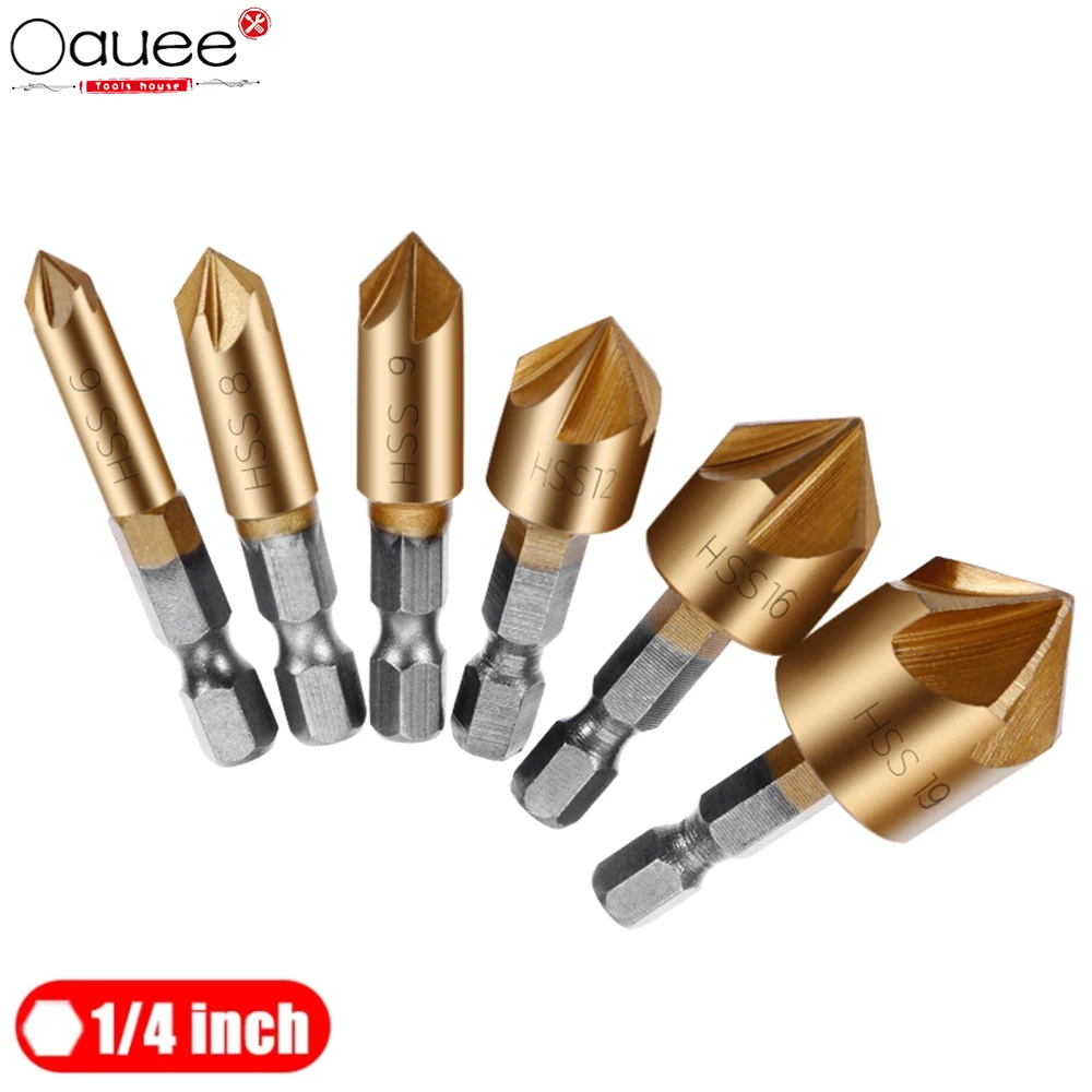 6pcs Countersink Drill Bit Set 1/4'' Hex Shank HSS 5 Flute Countersink 90 Degree Wood Chamfering Cutter Chamfer 6mm-19mm 
6pcs Countersink Drill Bit Set 1/4'' Hex Shank HSS 5 Flute Countersink 90 Degree Wood Chamfering Cutter Chamfer 6mm-19mm