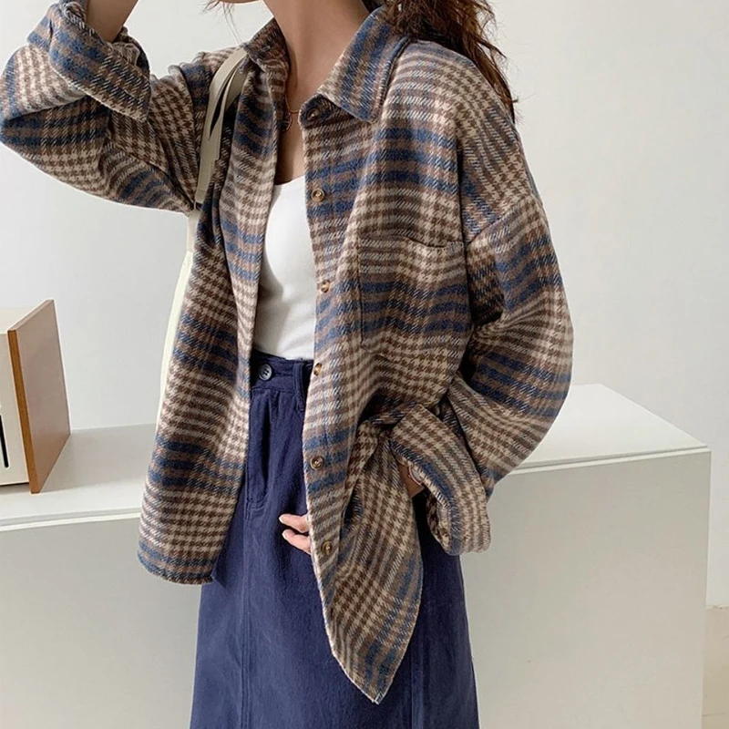 HOUZHOU Plaid Shirt Women Vintage Harajuku Brown Top Oversize Long Sleeve Outerwear Button Up Blouse Basic Spring Jackets 2021
HOUZHOU Plaid Shirt Women Vintage Harajuku Brown Top Oversize Long Sleeve Outerwear Button Up Blouse Basic Spring Jackets 2021