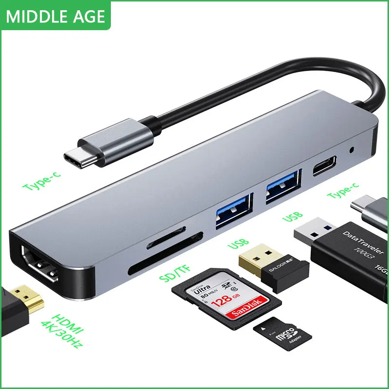 MIDDLE AGE USB c hub docking station 6 in 1 type-c SD/TF Card Reader USB c 3.0 USB c 2.0 Type-c HDMI to USB 
MIDDLE AGE USB c hub docking station 6 in 1 type-c SD/TF Card Reader USB c 3.0 USB c 2.0 Type-c HDMI to USB
