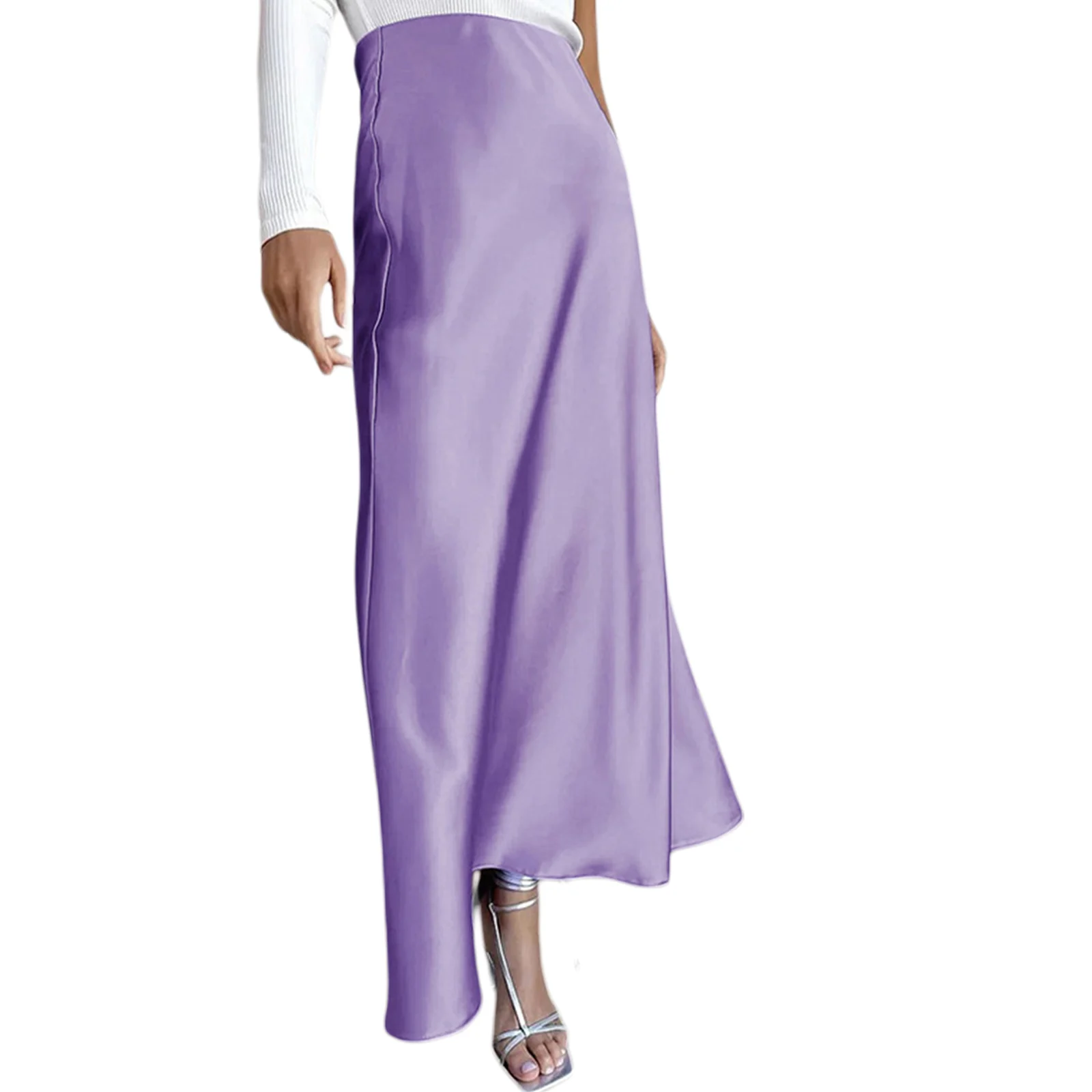 

Женская атласная юбка миди, элегантная однотонная трапециевидная юбка с высокой талией, расклешенная длинная юбка, лето 2019