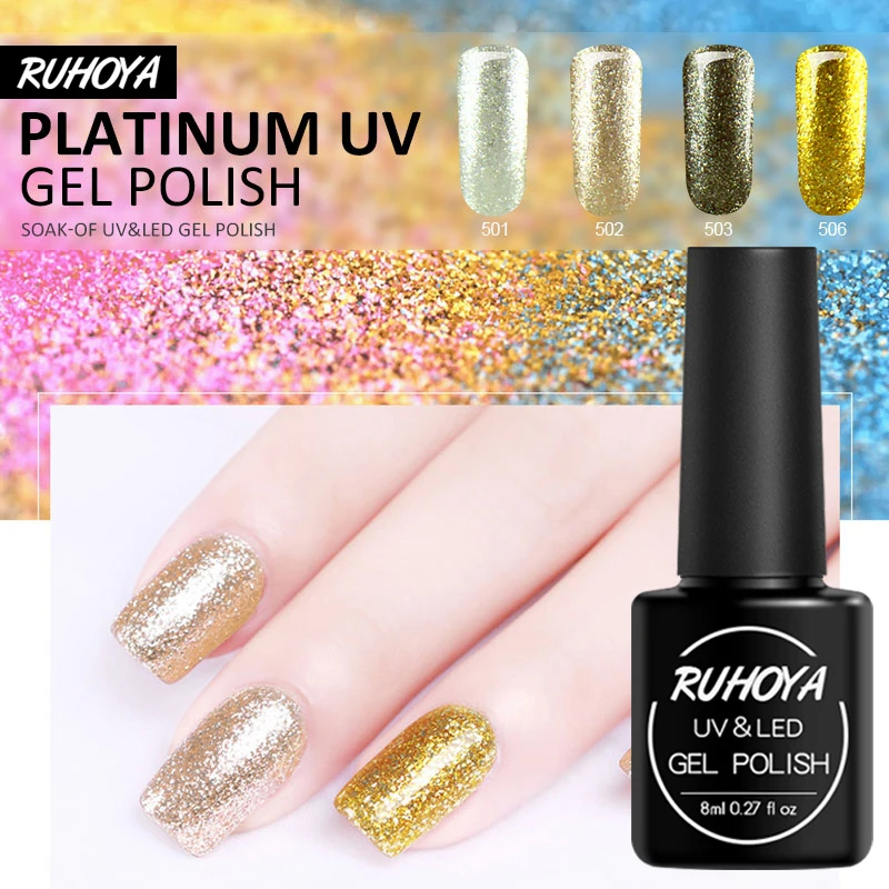 Ruhoya новый сверкающий Платиновый УФ-гель для ногтей замочить от Лаки Гель-лак