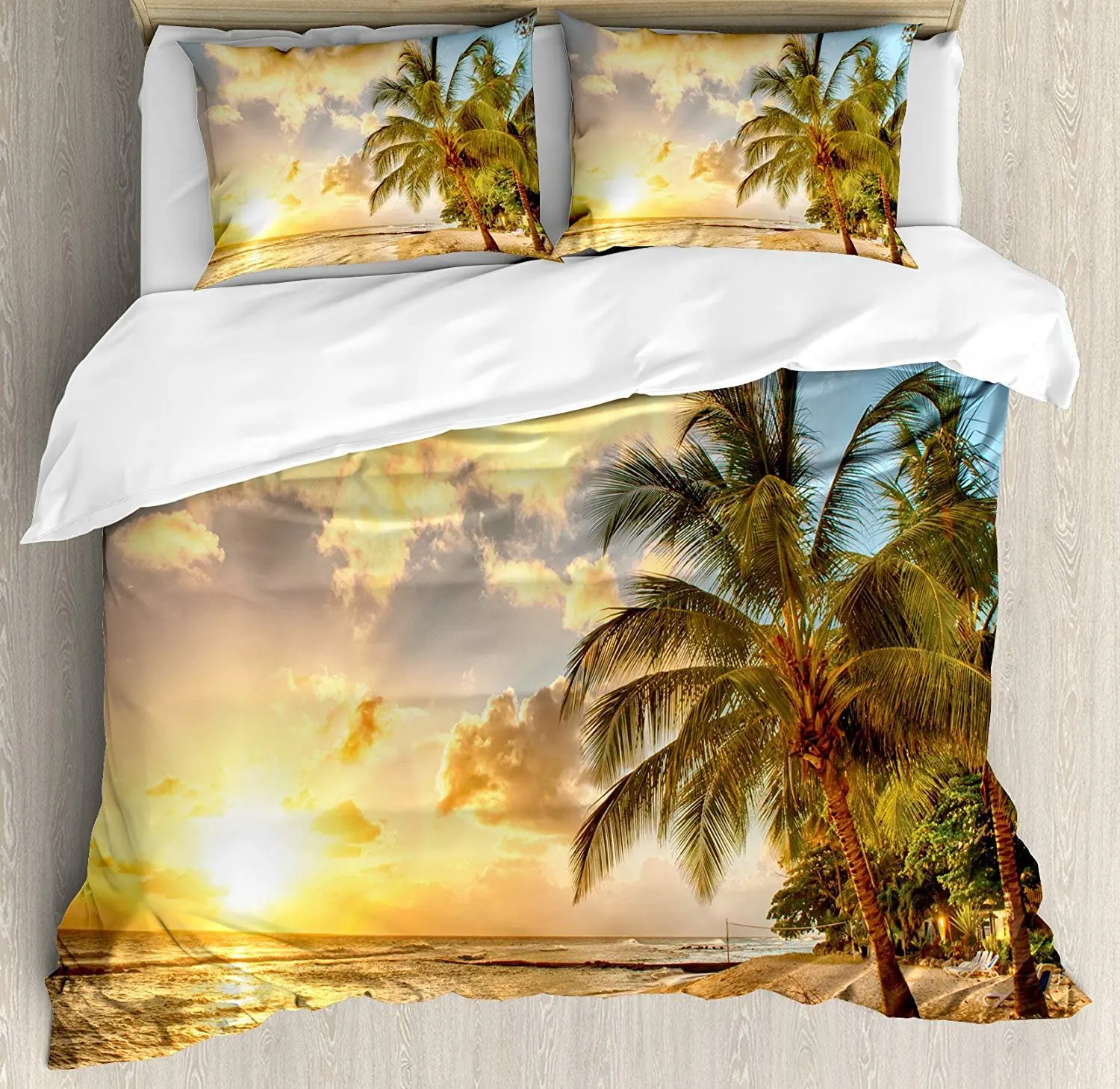 

Beach Bedding Set Tropic Sandy Beach with Horizon at the Sunset and Coconut Palm Trees Summer Photo Duvet Cover Pillowcase