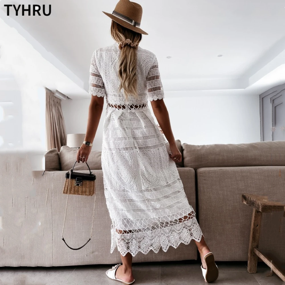 TYHRU Women Dresses Lace Dress Short Sleeve V-neck Hollow Out Long Sleeve White Sexy Long Dress