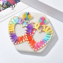 CHSXY Large Heart Raffia Dangle Earrings Women Bohemian Handmade Summer Drop Earrings Rainbow Geometric Big Statement Jewelry