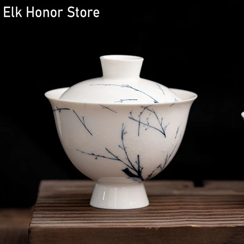 

130ml Hand Painted Plum Blossom Art Ceramic Tea Tureen Covered Bowl Single Tea Gaiwan Household Kung Fu Teaware Set Tea Ceremony