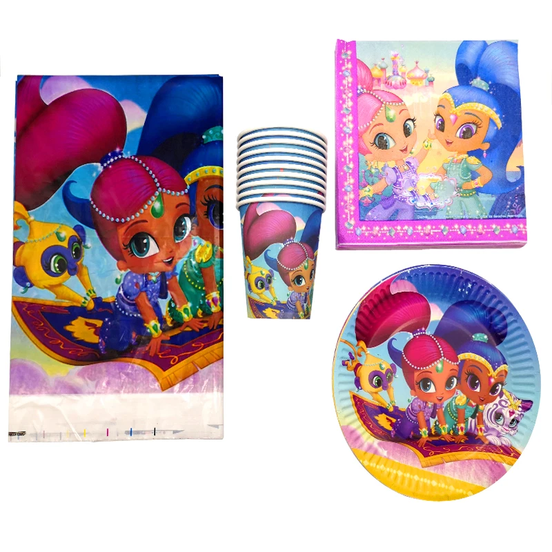 61pcs/lot Girls Kids Favors Shimmer and Shine Theme Tableware Set Plates Cups Birthday Maps Baby Shower Party Tablecloth Napkins