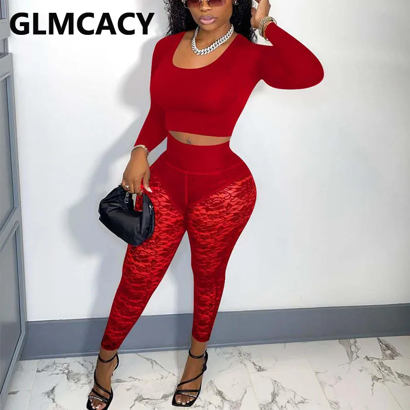 Women Two Piece Sexy Suits Long Sleeve Scoop Neck Shirt & Skinny Lace Pants Set 
Women Two Piece Sexy Suits Long Sleeve Scoop Neck Shirt & Skinny Lace Pants Set