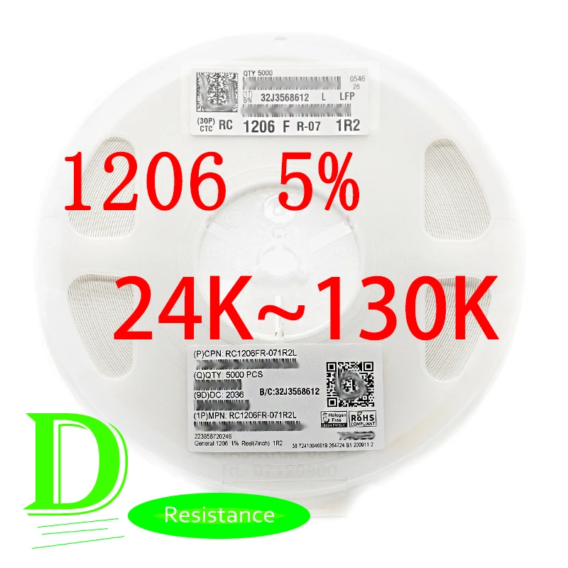 100PCS SMD Resistor 1206 5% RC1206JR-07 Series 24K 27K 30K 33K 36K 39K 43K 47K 51K 56K 62K 68K 75K 82K 91K 100K 110K 120K 130K
100PCS SMD Resistor 1206 5% RC1206JR-07 Series 24K 27K 30K 33K 36K 39K 43K 47K 51K 56K 62K 68K 75K 82K 91K 100K 110K 120K 130K