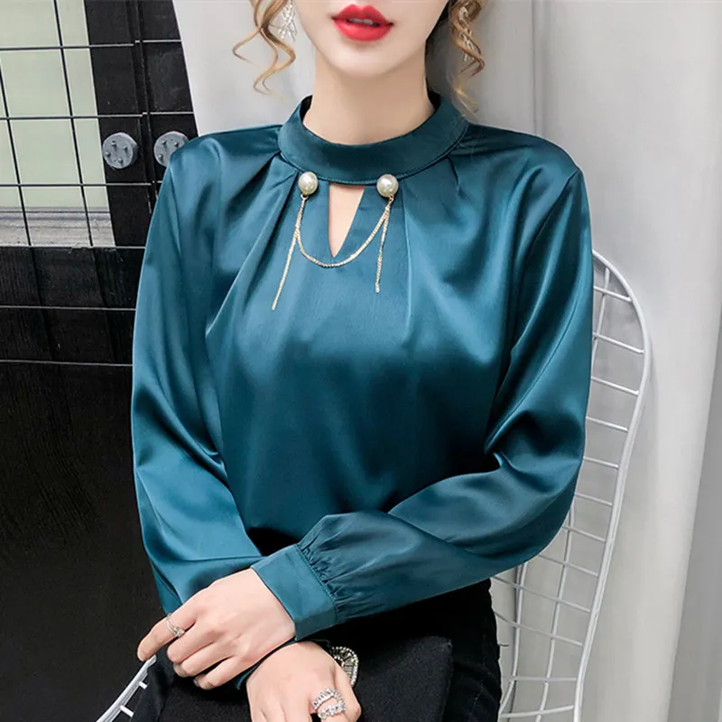 Шелковая блузка, Женская атласная рубашка с длинным рукавом, женские Однотонные блузки с бисером, женские шелковые белые рубашки, элегантны... 
Шелковая блузка, Женская атласная рубашка с длинным рукавом, женские Однотонные блузки с бисером, женские шелковые белые рубашки, элегантны...