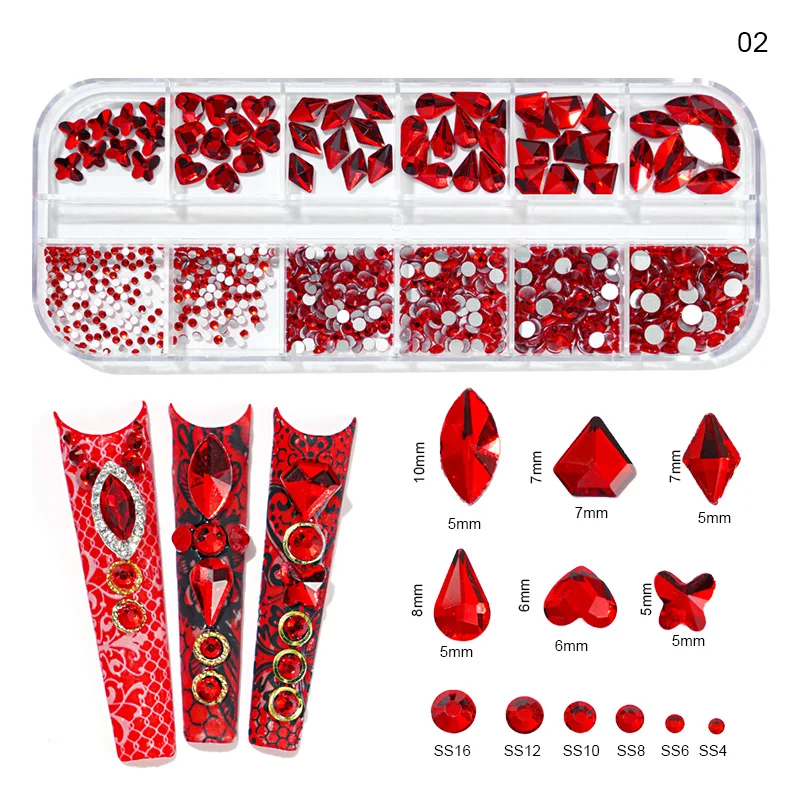 

12 Grid Multi Size Pink/Red Hotfix Rhinestones Flatback Crystal Diamond Various Shapes Gems 3D Nail Art Decorations Accessories