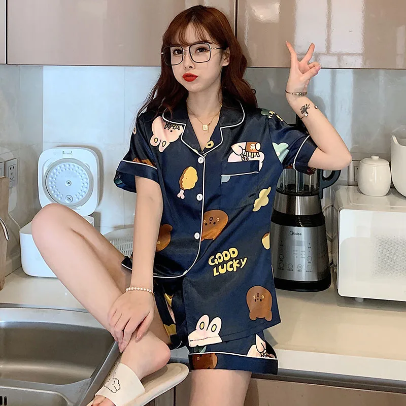 Women Sleepwear 2021 Summer Nightwear Fake Silk Print Sweet Lady Homewear Set Girl Nightgown Short Pant Cute Silk Pajamas Sets
Women Sleepwear 2021 Summer Nightwear Fake Silk Print Sweet Lady Homewear Set Girl Nightgown Short Pant Cute Silk Pajamas Sets