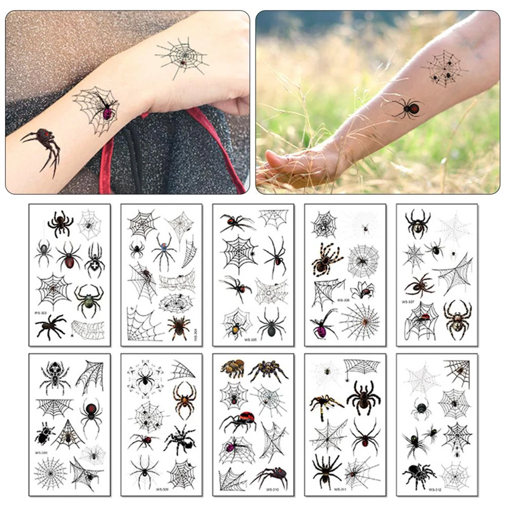 

10 Sheets Halloween Tattoos Face Spiders and Spider Net Temporary Tattoos Shoulder Arm Body Stickers