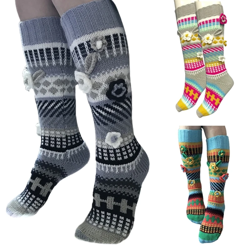 

Women Ethnic Multicolored Crochet Knee High Socks 3D Knitted Flower Winter Warm Geometry Pattern Calf Length Stockings Foot L5YB