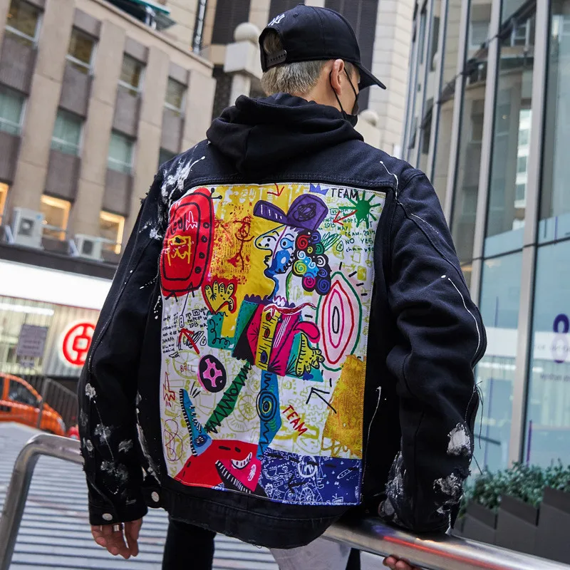 Фото Мужская джинсовая куртка с дырками в стиле хип хоп принтом граффити Ван Гога(Aliexpress на русском)