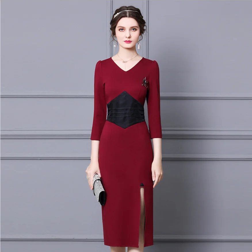 Red Empire V-Neck Slim Long Sleeve Women Dress Split Waist Spring Elegant Pencil Dresses Female Zipper Mid-Calf Ladylike Skirt
Red Empire V-Neck Slim Long Sleeve Women Dress Split Waist Spring Elegant Pencil Dresses Female Zipper Mid-Calf Ladylike Skirt
