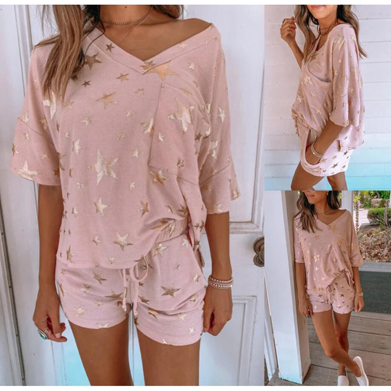 Stars Printed Short Sleeve Casual Home Suit Pajamas Summer Pink Women Home Wear V Neck Sleepwear Home Clothing
Stars Printed Short Sleeve Casual Home Suit Pajamas Summer Pink Women Home Wear V Neck Sleepwear Home Clothing