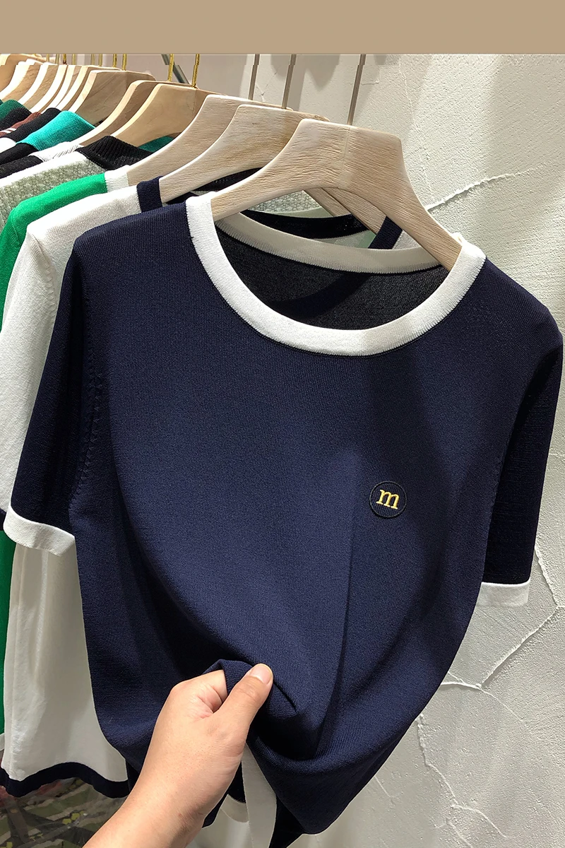 Women's Navy T Shirt Color Match O-neck Short Sleeve Summer Tops T-shirts
Women's Navy T Shirt Color Match O-neck Short Sleeve Summer Tops T-shirts