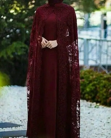 

Mother Of The Bride Dresses with Long Lace Cape Long Sleeves Burgundy Muslim Caftan Women Wedding Party Dress Evening Gowns