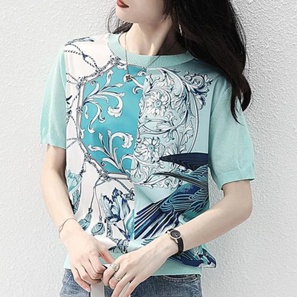 Floral Ladies Knit T-shirt Fashion Short Sleeve Simple Loose Round Neck Knitwear 2021 Summer New Printed Stitching TShirts
Floral Ladies Knit T-shirt Fashion Short Sleeve Simple Loose Round Neck Knitwear 2021 Summer New Printed Stitching TShirts