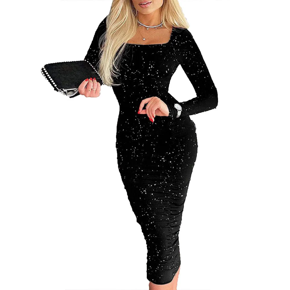 Women Party Cocktail Long Sleeve Bodycon Dress Solid Square Neck Knee Length Dresses Bling Bling Nigth Club Female Slim Vestidos
Women Party Cocktail Long Sleeve Bodycon Dress Solid Square Neck Knee Length Dresses Bling Bling Nigth Club Female Slim Vestidos