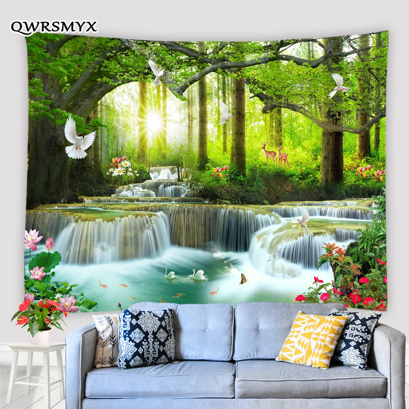 

Forest Waterfall Deer Oil Painting Landscape Tapestry Wall Hanging Living Room Bedroom Decor Wall Aesthetics Art Tapestries