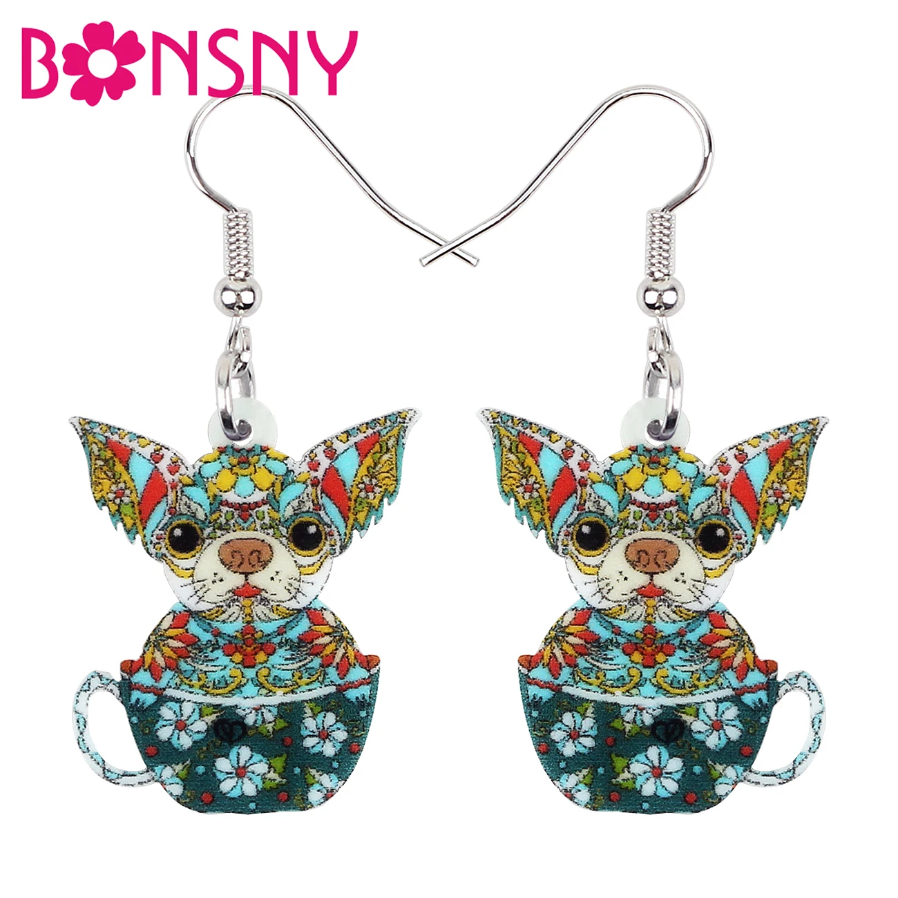 

BONSNY Acrylic Floral Chihuahua Cup Dog Earrings Long Drop Dangle Fashion Pets Jewelry For Women Girls Party Teens Gifts