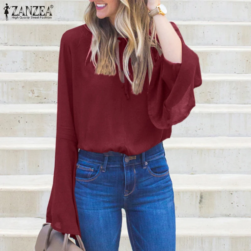 Женская модная офисная блузка большого размера ZANZEA, весна-осень 2021, цветочный рукав, однотонная женская блузка с V-образным вырезом
Женская модная офисная блузка большого размера ZANZEA, весна-осень 2021, цветочный рукав, однотонная женская блузка с V-образным вырезом