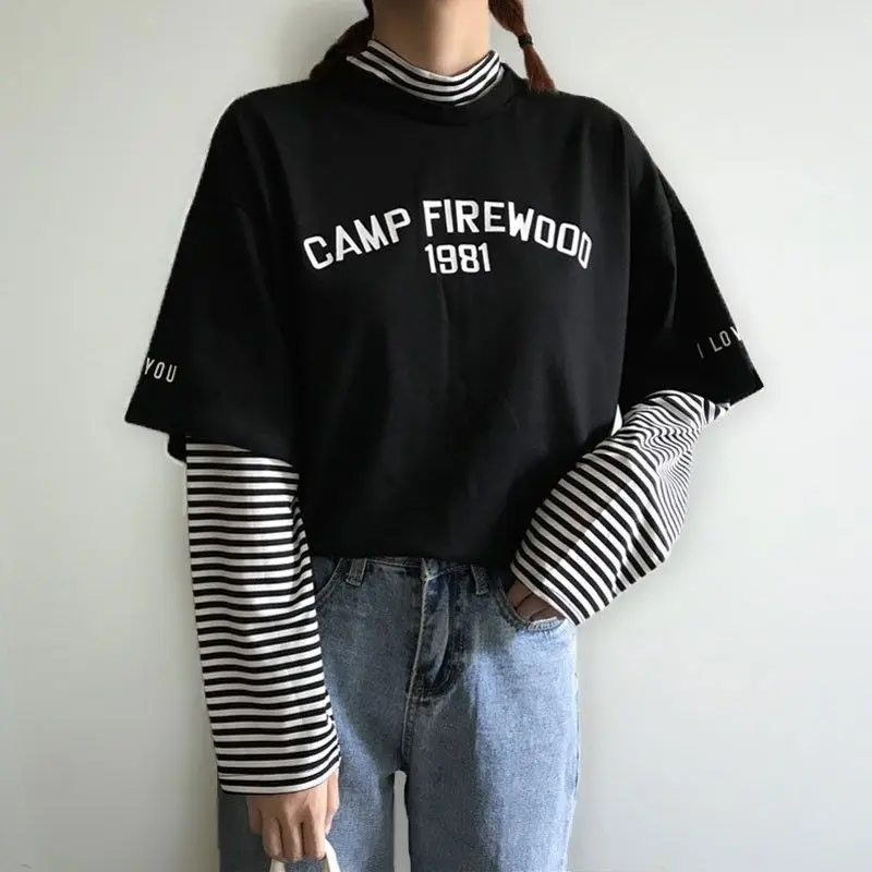 Striped letter printed t-shirts women's long-sleeved fake two-piece tops new spring autumn Korean fashion loose casual clothes
Striped letter printed t-shirts women's long-sleeved fake two-piece tops new spring autumn Korean fashion loose casual clothes