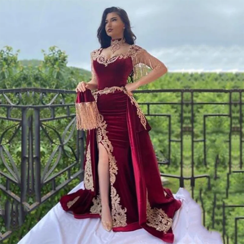 Moroccan Caftan Velour Evening Dresses With Detachable Train Formal Tassel Sleeves Prom Gown Lace Appliques Celebrity Dresses
Moroccan Caftan Velour Evening Dresses With Detachable Train Formal Tassel Sleeves Prom Gown Lace Appliques Celebrity Dresses