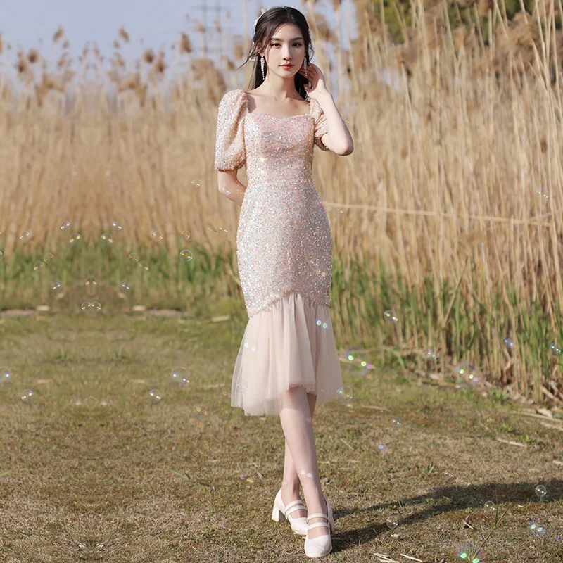 Sequins Luxurious Square Collar Evening Dresses Short Sleeves Simple Mermaid Tea-length Plus size Women Formal Party Dress C1105
Sequins Luxurious Square Collar Evening Dresses Short Sleeves Simple Mermaid Tea-length Plus size Women Formal Party Dress C1105