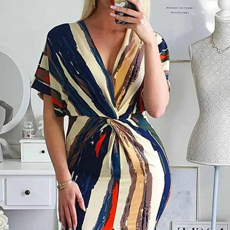 Fashion Feamle Multicolor Striped Casual Short Dress Women V Neck Short Sleeve Twisted Dress
Fashion Feamle Multicolor Striped Casual Short Dress Women V Neck Short Sleeve Twisted Dress