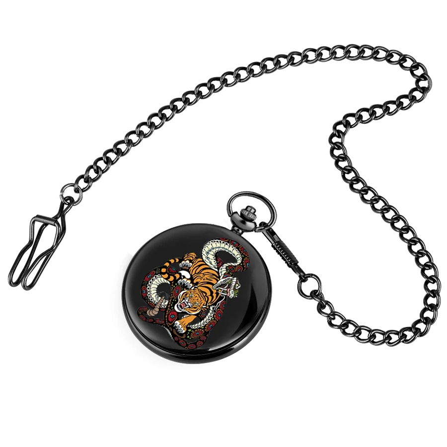 Tiger Snake Entwining Pattern Quartz Pocket Watch Chain Full Hunter Animal with Fob Best Gifts for Men Women reloj | Наручные часы