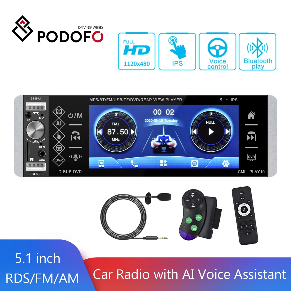 Автомагнитола Podofo 1 Din 5 дюйма HD Bluetooth FM RDS USB сенсорный экран голосовой помощник MP5