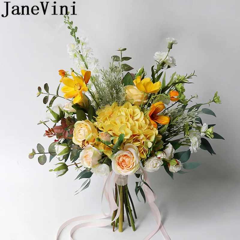 

JaneVini 2019 Yellow Bride Bouquet Silk Rose Hydrangea Wedding Flowers Bridal Bouquets Artificial Fake Bouquet Fleur Mariage