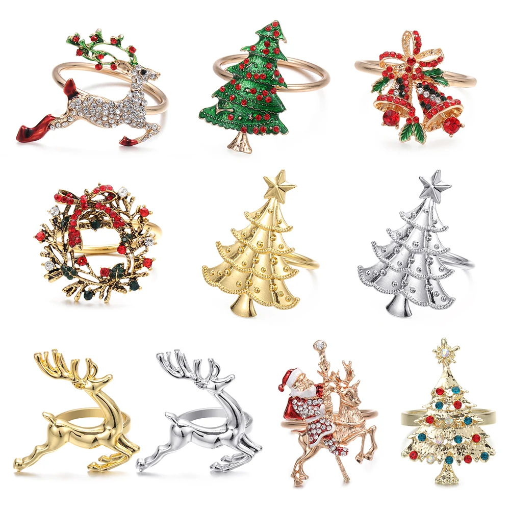 

Metal Christmas Tree Napkin Rings Elk Snowman Bow Flower Wreath Mouth Ring Wedding Banquet Hotel Table Supply Circle Decor Gift