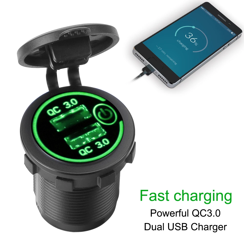 

LED Display with Caps for Car Truck ATV DVR GPS Motorcycle Quick Charger QC 3.0 36W Dual USB Charger Socket Touch Switch