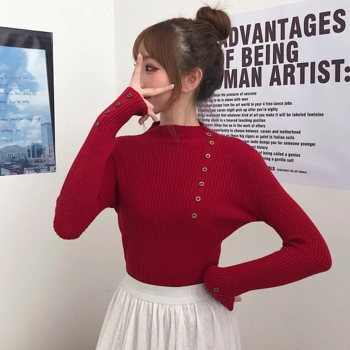 Button Long Sleeve Knitted Sweaters for Women Clothing Korean Turtleneck Pullover Slim Solid Casual Ladies Tops Autumn Winter
Button Long Sleeve Knitted Sweaters for Women Clothing Korean Turtleneck Pullover Slim Solid Casual Ladies Tops Autumn Winter