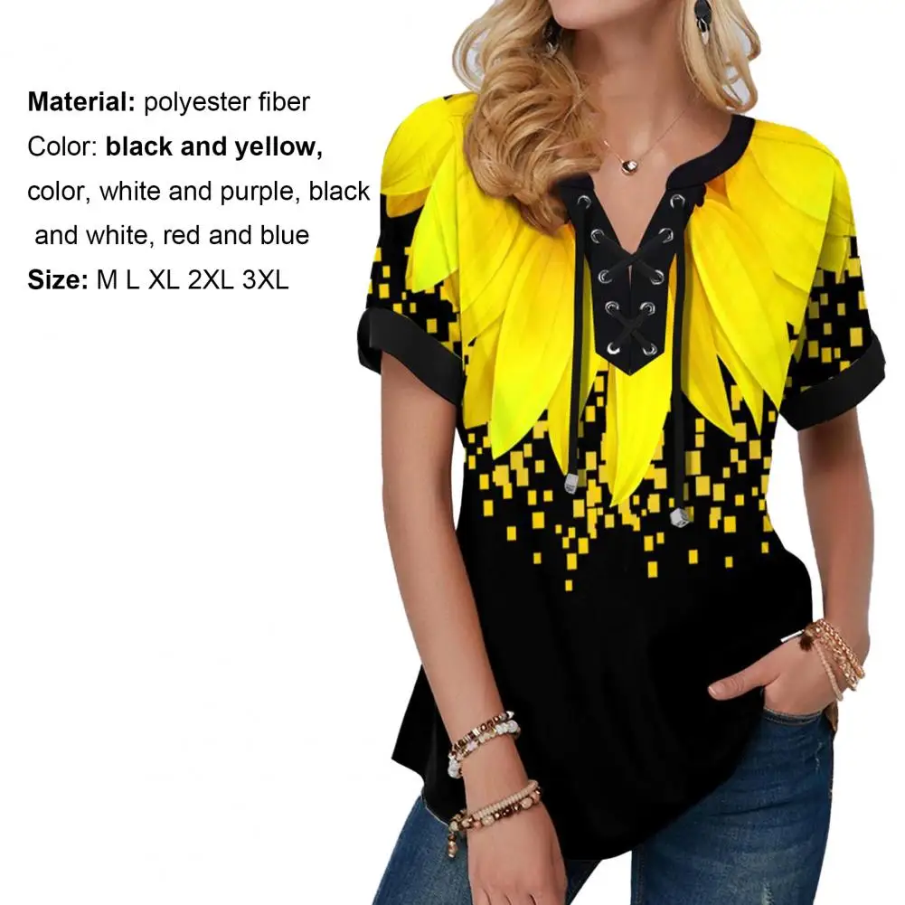 Fashion T-shirt Colorful Print Lacing Women Short Sleeve Loose Blouse for Party
Fashion T-shirt Colorful Print Lacing Women Short Sleeve Loose Blouse for Party