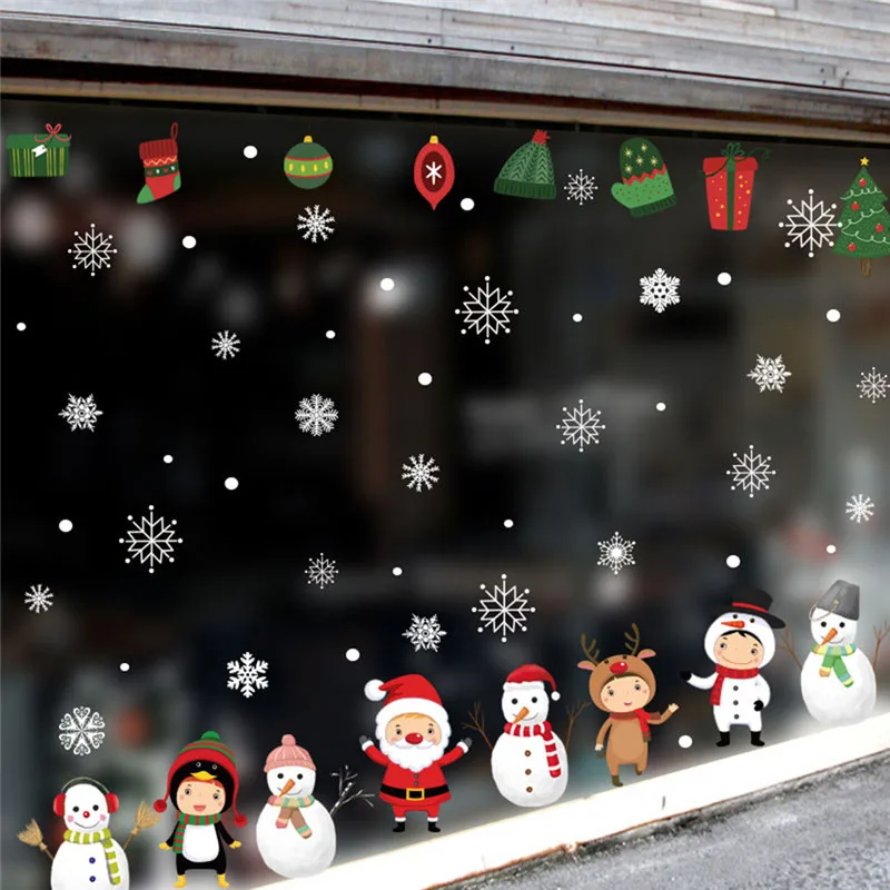 Мультяшные рождественские наклейки на окно витрина съемный Санта-Клаус снеговик