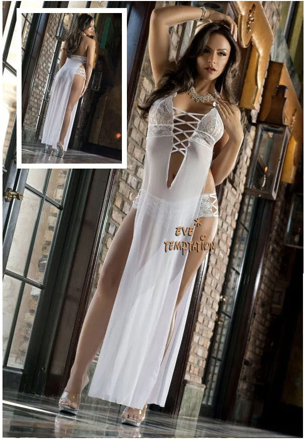Сексуальное газовое кружевное белье Babydoll белое нижнее длинное прозрачное +