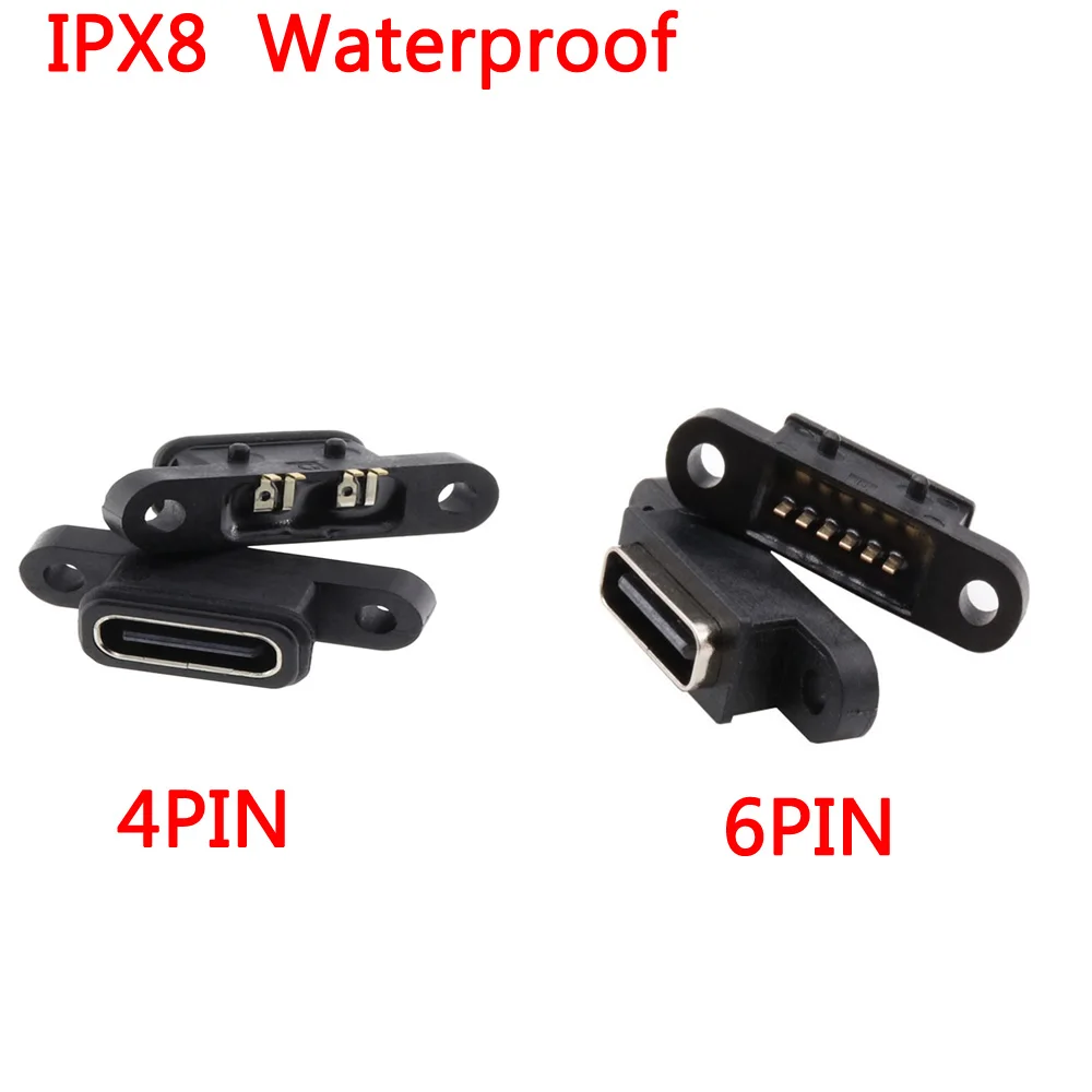 

3-10pc IPX8 TYPE C 2P/4P Waterproof Female USB C Socket Port With Screw Hole Fast Charge Charging Interface 180 degree Connector