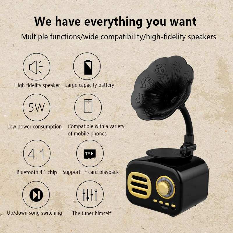 New Retro Wireless Bluetooth Speaker Phonograph Gift Audio Mobile Phone Outdoor TF Card Portable Bluetooth Speaker Radio Player
New Retro Wireless Bluetooth Speaker Phonograph Gift Audio Mobile Phone Outdoor TF Card Portable Bluetooth Speaker Radio Player